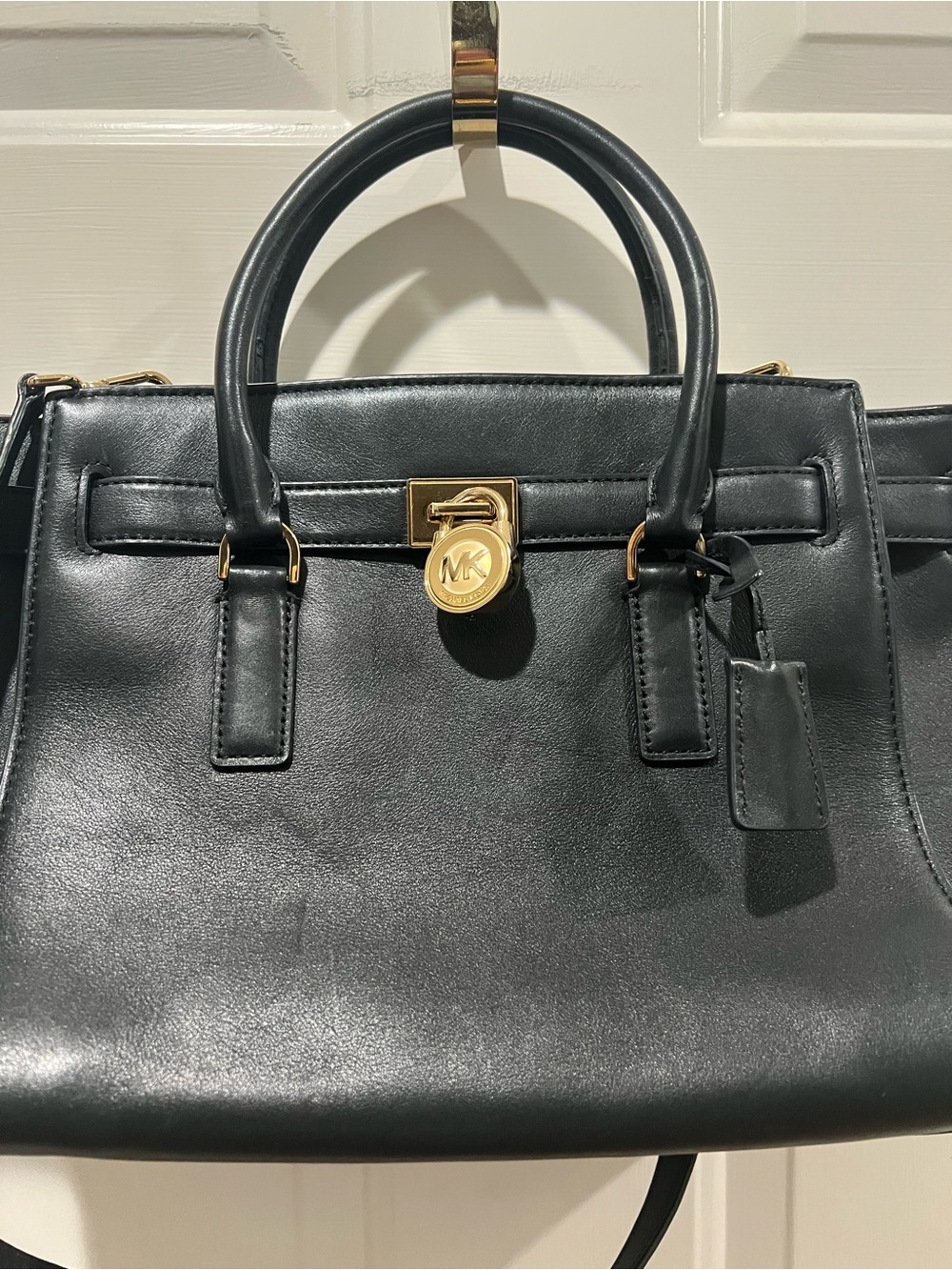 Michael Kors Black Leather Satchel with Gold-Tone Lock